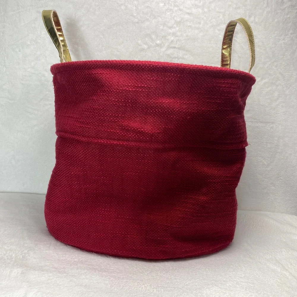 Red Fabric‎ Christmas Basket Gift Bag Tote Gold Handles Noel Holiday Large